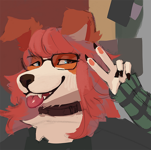 A digital painting of an anthropomorphic dog holding smiling at the viewer.